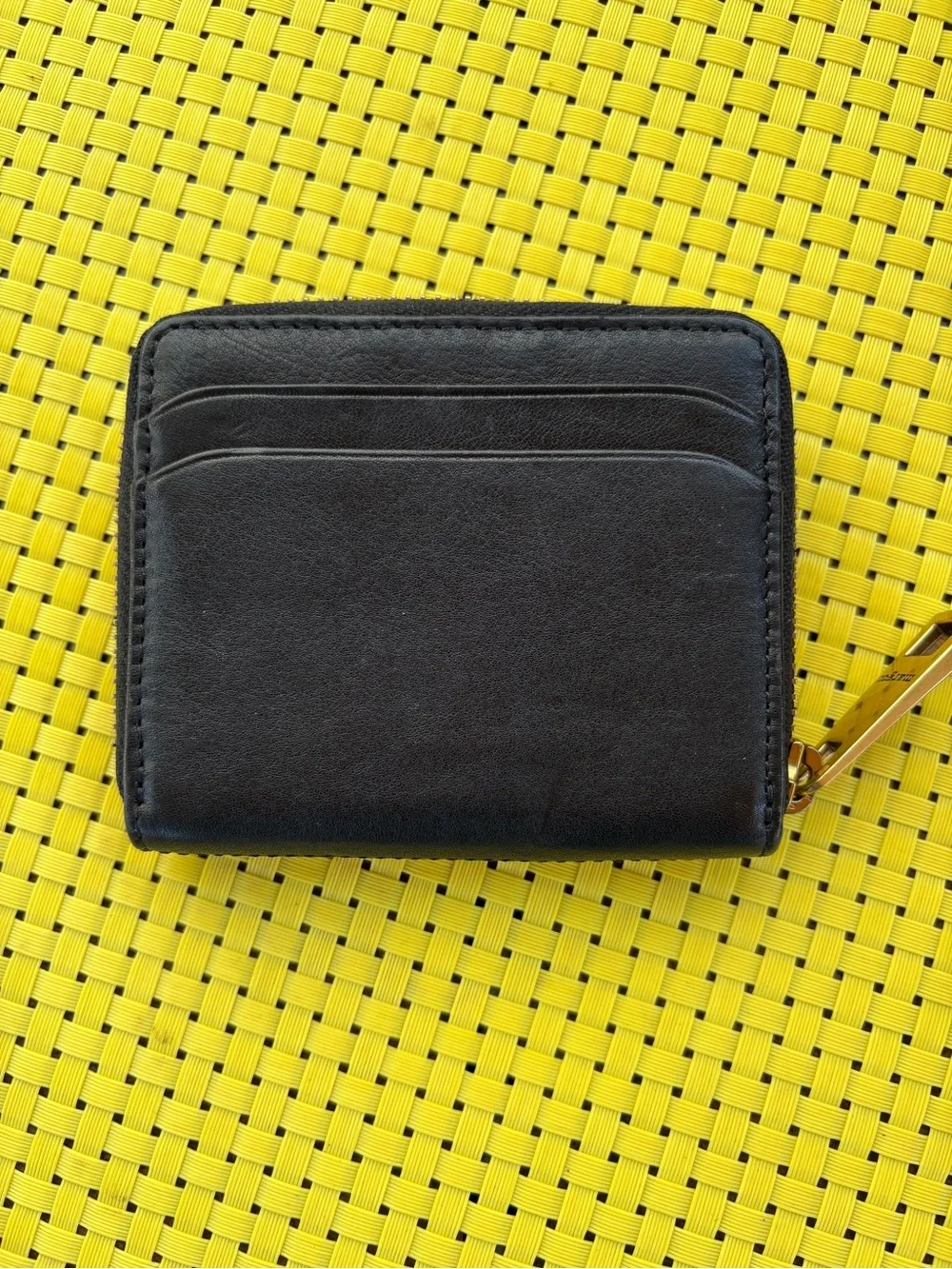 margot Black Leather Zip Card Case with Gold Pull